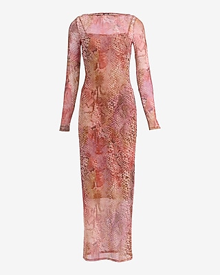Printed Mesh Boat Neck Long Sleeve Maxi Dress