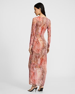 Printed Mesh Boat Neck Long Sleeve Maxi Dress