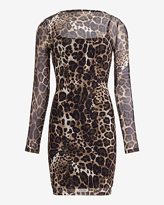 Leopard Mesh Boat Neck Long Sleeve Mini Dress