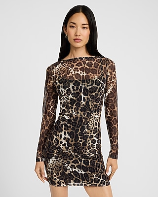 Leopard Mesh Boat Neck Long Sleeve Mini Dress