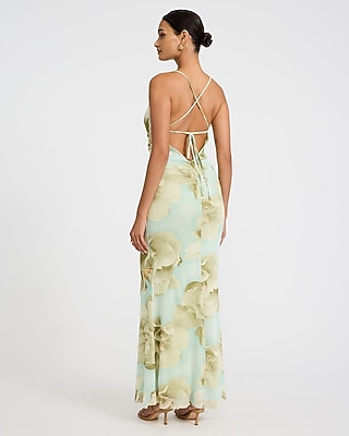 Floral Mesh Cowl Neck Strappy Low Back Maxi Dress