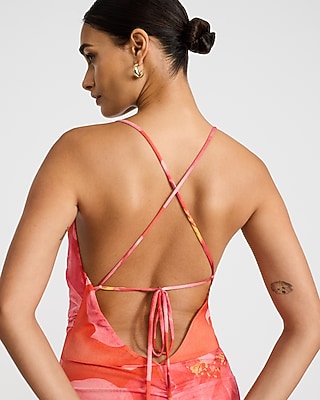 Floral Mesh Cowl Neck Strappy Low Back Maxi Dress
