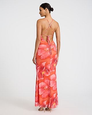 Floral Mesh Cowl Neck Strappy Low Back Maxi Dress
