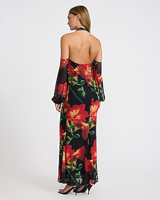 Floral Mesh Halter Cowl Neck Shoulder Cutout Maxi Dress