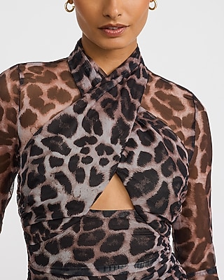 Leopard Mesh Crossover Cutout Sheer Hem Maxi Dress