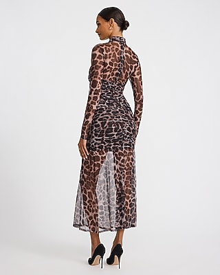 Leopard Mesh Crossover Cutout Sheer Hem Maxi Dress