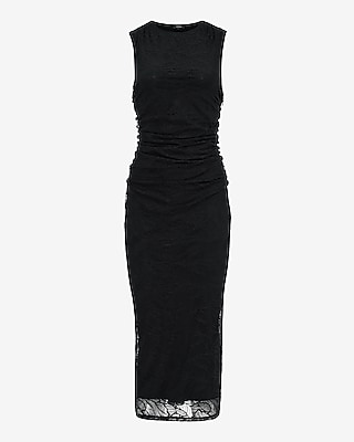 Lace Crew Neck Ruched Midi Sheath Dress