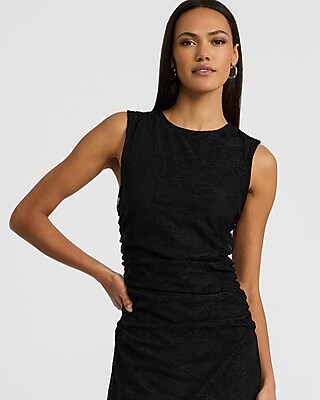 Lace Crew Neck Ruched Midi Sheath Dress