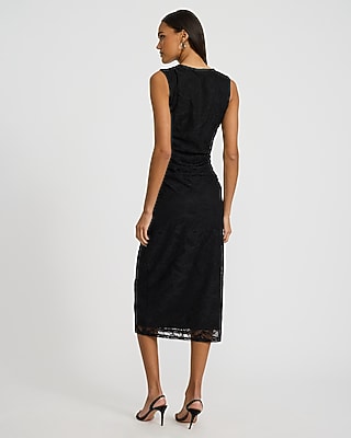 Lace Crew Neck Ruched Midi Sheath Dress