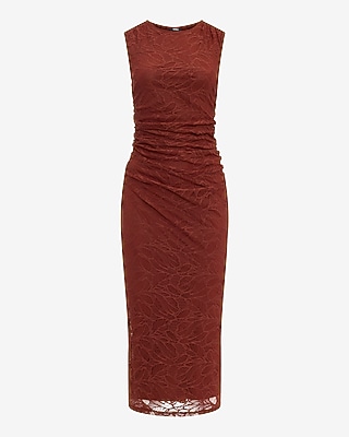 Lace Crew Neck Ruched Midi Sheath Dress
