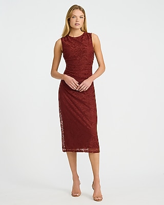 Lace Crew Neck Ruched Midi Sheath Dress