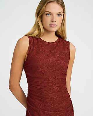 Lace Crew Neck Ruched Midi Sheath Dress