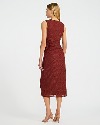 Lace Crew Neck Ruched Midi Sheath Dress