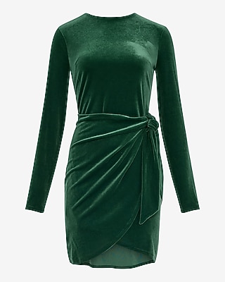 Velvet Crew Neck Long Sleeve Ruched Wrap Mini Dress