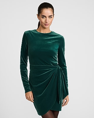Velvet Crew Neck Long Sleeve Ruched Wrap Mini Dress