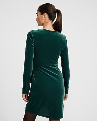 Velvet Crew Neck Long Sleeve Ruched Wrap Mini Dress