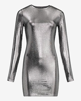Shine Foil Ribbed Crew Neck Long Sleeve Mini Dress