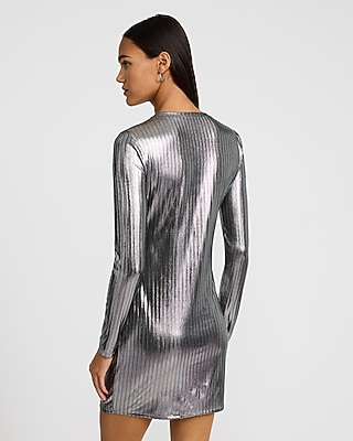 Shine Foil Ribbed Crew Neck Long Sleeve Mini Dress