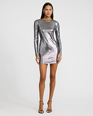 Shine Foil Ribbed Crew Neck Long Sleeve Mini Dress