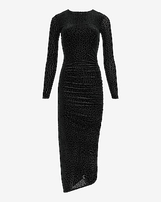 Leopard Burnout Crew Neck Long Sleeve Ruched Midi Dress