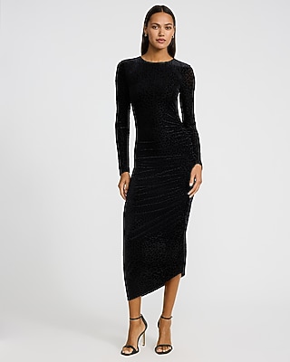 Leopard Burnout Crew Neck Long Sleeve Ruched Midi Dress
