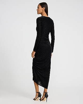 Leopard Burnout Crew Neck Long Sleeve Ruched Midi Dress