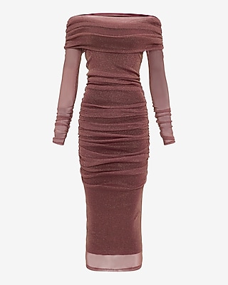 Metallic Mesh Fold Over Off The Shoulder Ruched Midi Dress