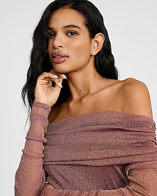 Metallic Mesh Fold Over Off The Shoulder Ruched Midi Dress