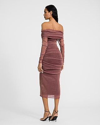 Metallic Mesh Fold Over Off The Shoulder Ruched Midi Dress