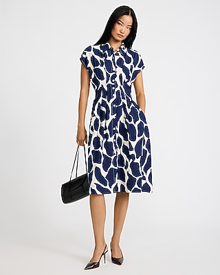 Abstract Print Cinched Waist Midi Shirt Dress with Pockets