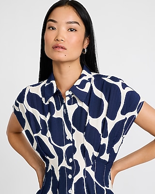 Abstract Print Cinched Waist Midi Shirt Dress with Pockets