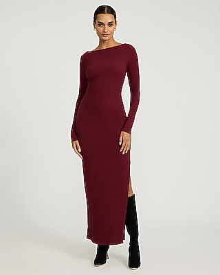 Ribbed Knit Boat Neck Long Sleeve Maxi Sheath Dress
