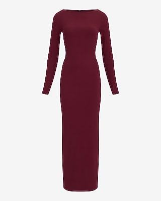 Ribbed Knit Boat Neck Long Sleeve Maxi Sheath Dress