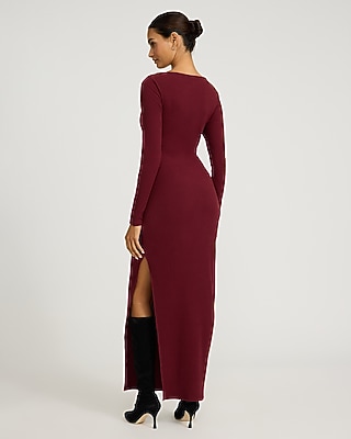 Ribbed Knit Boat Neck Long Sleeve Maxi Sheath Dress