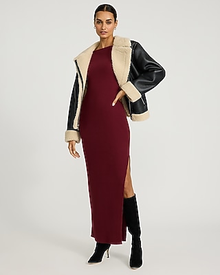 Ribbed Knit Boat Neck Long Sleeve Maxi Sheath Dress