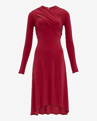 Express Women's Jersey Draped Cutout Long Sleeve Midi Fit And Flare Dress in Red Small