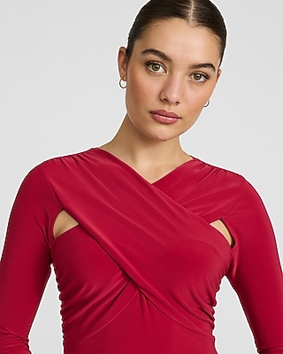 Express Women's Jersey Draped Cutout Long Sleeve Midi Fit And Flare Dress in Red Small