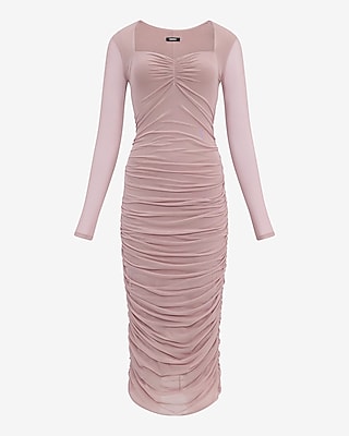 Mesh Sweetheart Neckline Ruched Long Sleeve Midi Dress