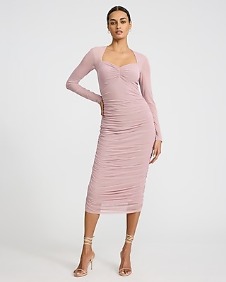 Mesh Sweetheart Neckline Ruched Long Sleeve Midi Dress