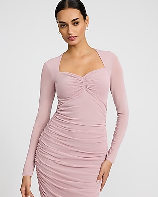 Mesh Sweetheart Neckline Ruched Long Sleeve Midi Dress