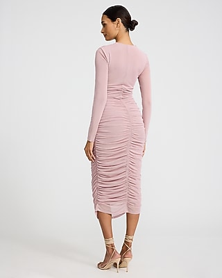 Mesh Sweetheart Neckline Ruched Long Sleeve Midi Dress