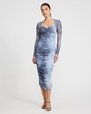 Mesh Sweetheart Neckline Ruched Long Sleeve Midi Dress