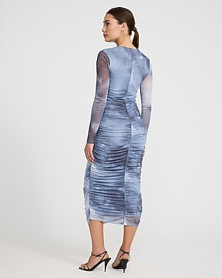 Mesh Sweetheart Neckline Ruched Long Sleeve Midi Dress