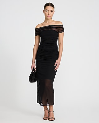 knee length dresses for ladies Caspian Slinky and Mesh Off Shoulder Mini Dress / Ivory | Meshki main image 1