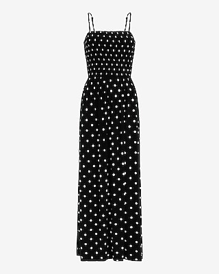 Polka Dot Square Neck Sleeveless Smocked Cutout Maxi Dress with Pockets