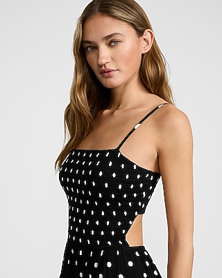 Polka Dot Square Neck Sleeveless Smocked Cutout Maxi Dress with Pockets