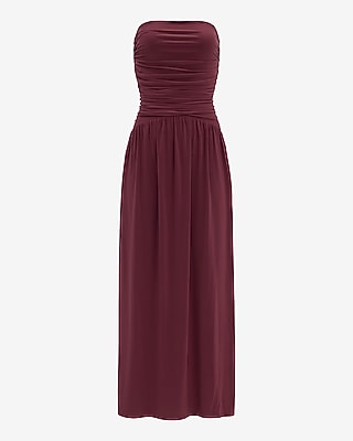 Strapless Ruched Drop Waist Maxi Dress