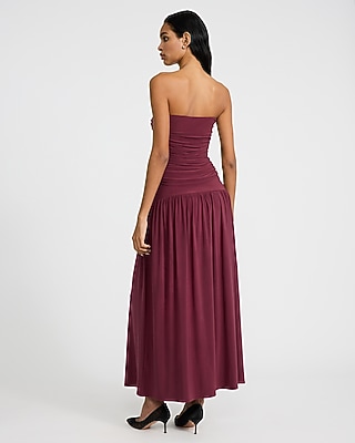 Strapless Ruched Drop Waist Maxi Dress