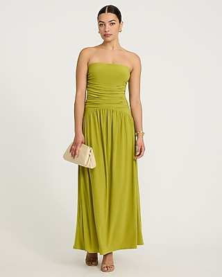 Strapless Drop Waist Ruched Maxi Fit And Flare Dress | Express