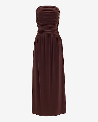 express red strapless dress Irene Satin Maxi - Size L - Sky To Moon - Cowl Back & Ruched Elastic Strap Red satin fabric shapes this strapless maxi dress with a cowl back and a ruched elastic strap Express Women's Strapless Fringe Maxi